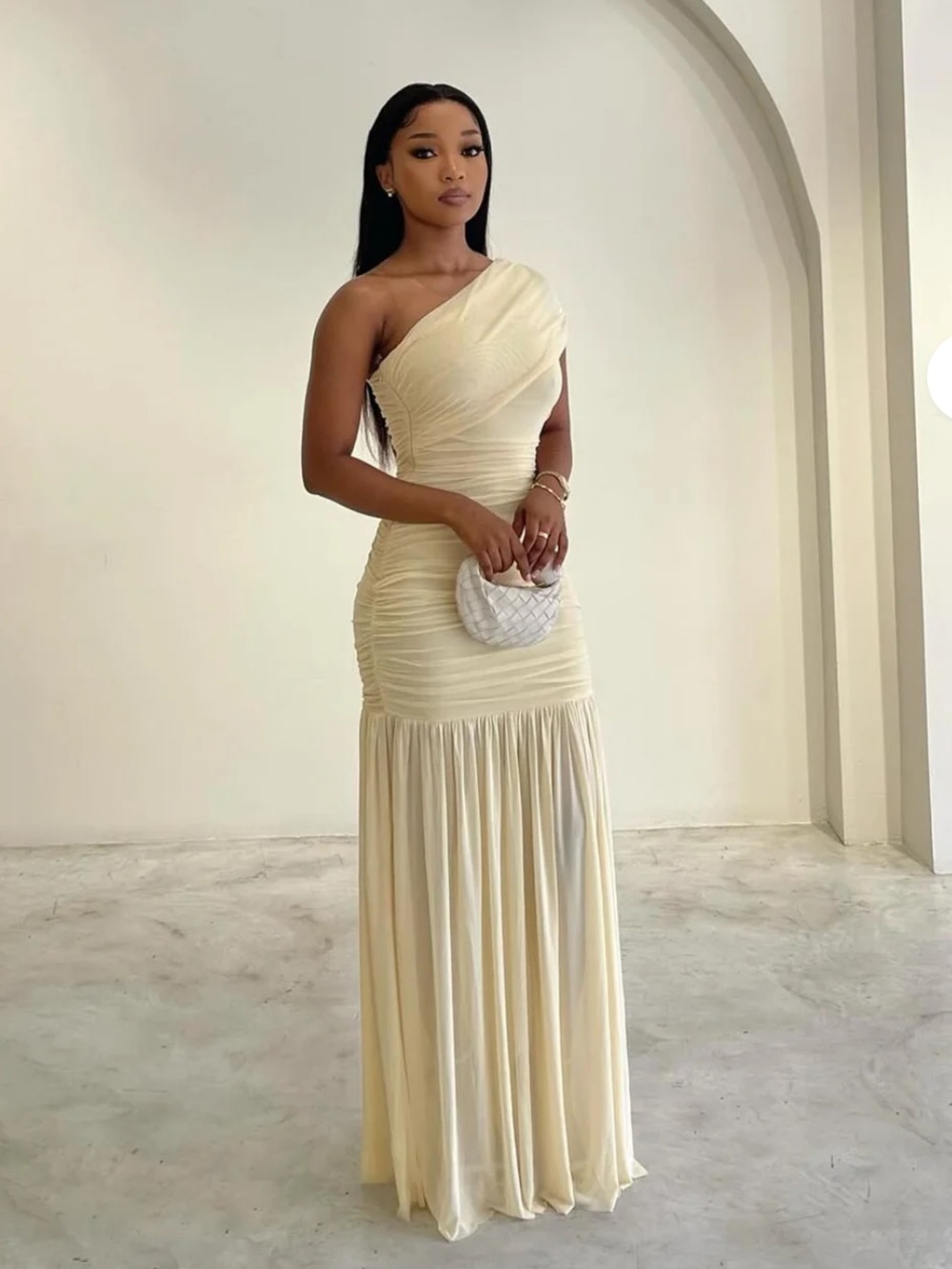 Fashion Nova One-Shoulder Cream Ruched Maxi Gown